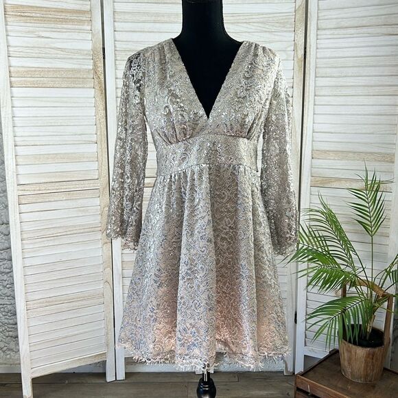 Corey Lynn Calter Anthropologie Metallic Lace Skater Mini Dress XS - Picture 1 of 13